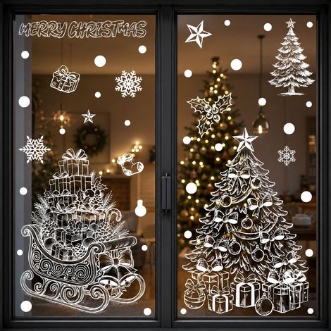 Autocollants de Noël, traîneau, boîte cadeau, autocollants pour vitres, flocons de neige blancs, sapin de Noël, autocollants électrostatiques, décorations de fenêtre, autocollants pour fenêtres.