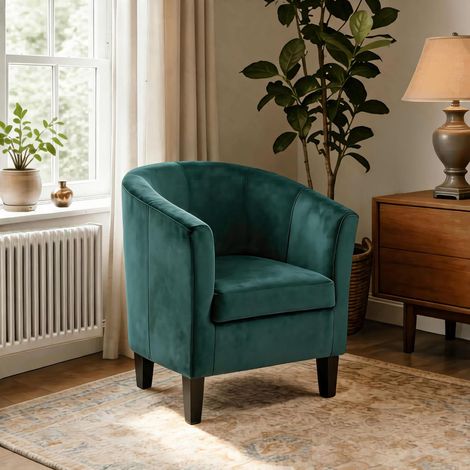 Velvet Fabric Tub Chair Armchair Living Room Modern Office Dark Green (1/5)