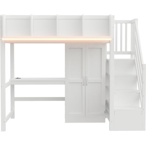 Cama alta 90 x 200 cm con escritorio, armario, LED y enchufes, blanco (1/5)