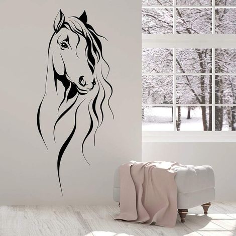 Sticker Mural Tête de Cheval 34x85cm, Animal, Art, Déco Salon/Bureau, Vinyle, Style Chinois