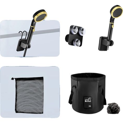 Douche de camping, pompe rechargeable, seau pliable, noir (1/2)