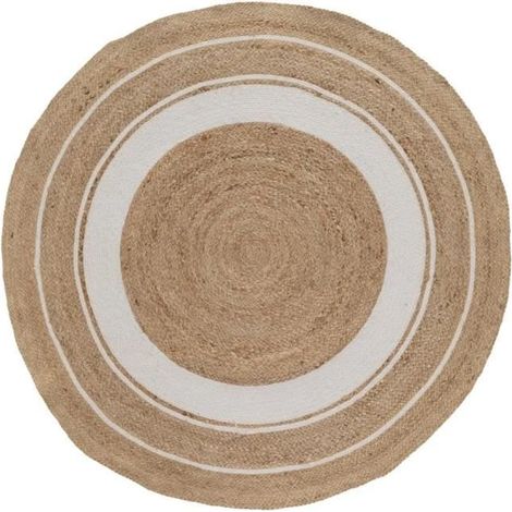 Tapis rond, moquette carpette en jute tressé coloris naturel-blanc - Diamètre 120 x Hauteur 0.5 cm -JUANIO (1/3)