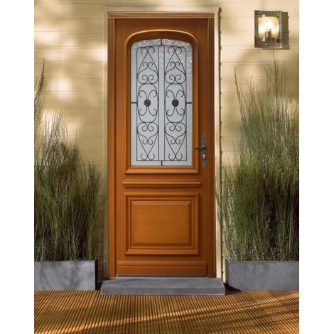 Puerta de entrada de madera con cristal Adele 2, H.215xL.90 cm, lado del tablero P. izquierdo, pomo, bombín, botÃ³n, GD MENUISERIES