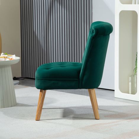 Fauteuil salon velours vert, assise rembourrée avec capitonnage à boutons, dimensions 60x66x79 cm (1/5)