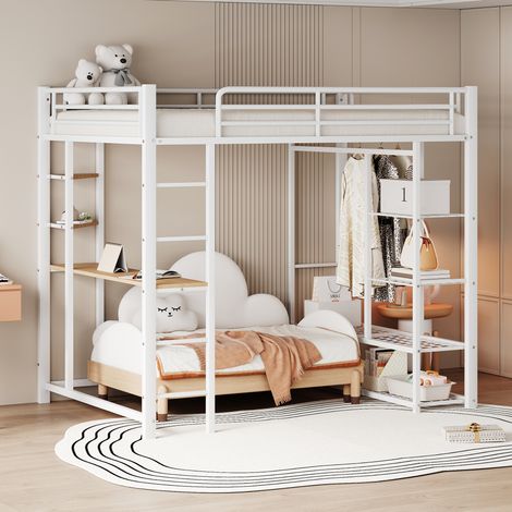 Cama alta infantil 140x200 cm con escritorio, blanca, metal y madera, sin colchón FloraGrace (1/5)