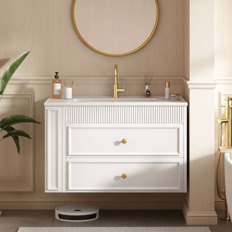 Mueble de baño suspendido 81 cm con lavabo cerámico, 2 cajones, estante lateral, MDF blanco (1/5)