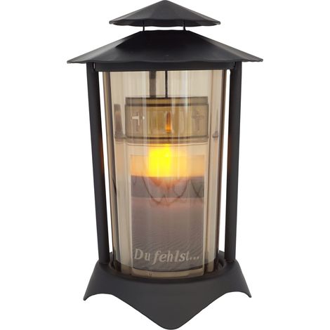 Lanterne funéraire en métal ronde avec Bougie LED de 21 cm (lanterne : Noir - Verre : bronze). (1/5)