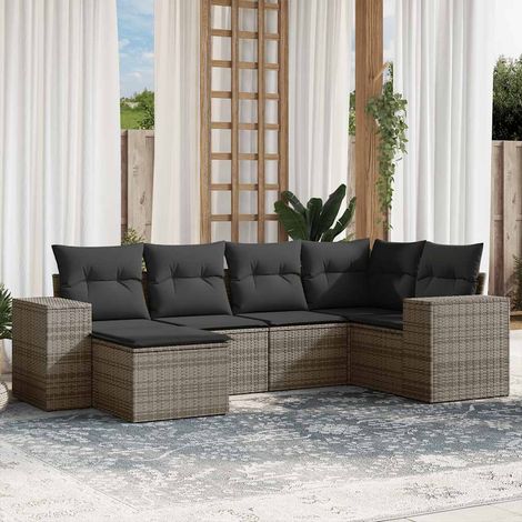 Salon de Jardin 9 Places Gris en Résine Tressée, 8 Coussins avec Housses Amovibles, Table en Verre Trempé 55x55 cm, Design Modulaire, Sièges avec Accoudoirs (1/5)