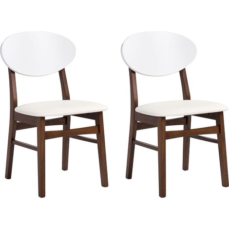 Lot de 2 Chaises de Salle à Manger Scandinave en Cuir Synthétique Structure Bois d'Hévéa Sans Accoudoirs Marron et Blanc Cassé Amery