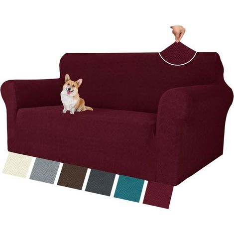 Housse De Canapé 2 Places avec Accoudoirs, Universelle Housse Canapé Extensible, Sofa Cover en Jacquard, Lavable, Rouge (1/4)