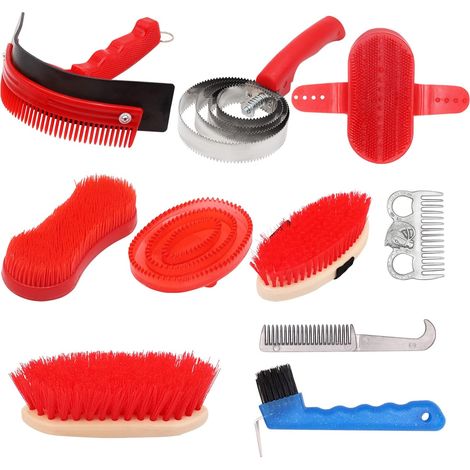 Kit de pansage pour chevaux 10 pièces avec sac de transport brosses cure-pied peigne matériel d'équitation et de soins pour poney et bétail (1/5)