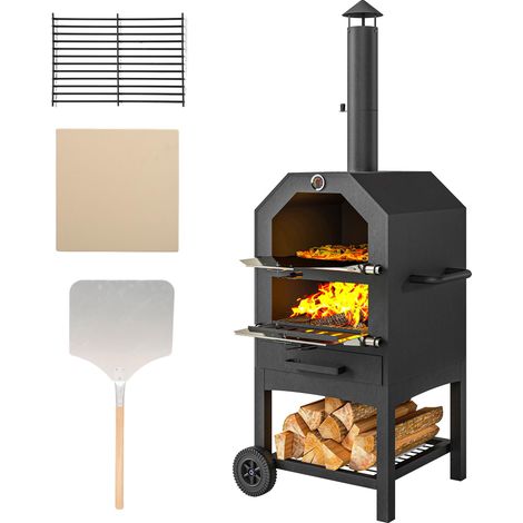 Four à pizza extérieur 2 en 1, comprend une pierre à pizza, un cendrier, 2 grilles de cuisson, un thermomètre, antirouille, noir. (1/5)
