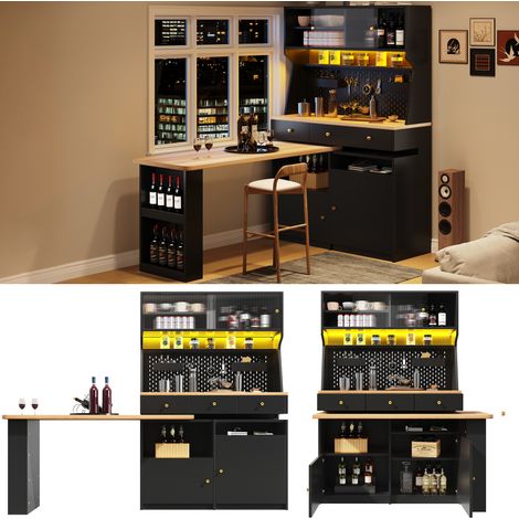 Armoire haute multifonction noire avec bureau et table de bar, éclairage LED pilotable appli, portes vitrées, pegboard, étagères réglables (1/5)