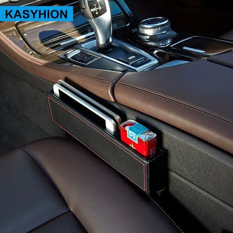 Boîte de rangement en cuir noir pour siège auto, multi-usage, avec poche de transport et support pour téléphone. (1/5)