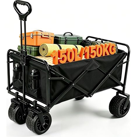 Chariot Pliable 150L 150 kg avec Freins Hors Roue, Noir Chariot à main pliable, roues tout-terrain, chariot de transport pour camping, jardin, extérieur, plage et courses (1/5)