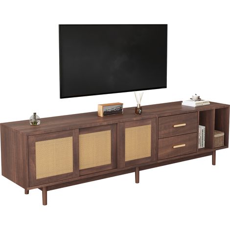 Mueble TV con 3 Puertas, 2 Cajones y 2 Nichos, Puertas de Ratán, Estilo Japonés, en MDF, 190×40×52 cm, Marrón (1/5)