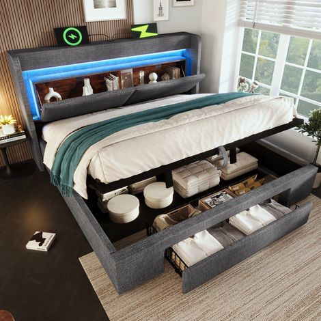 REDOM - Cama con almacenaje 140x200 cm, cabecero con LED, USB y USB C, lino gris, con colchón (1/5)
