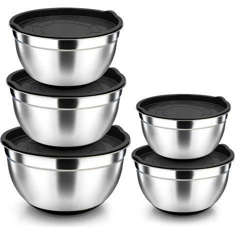 Lot de 5 saladiers mélangeurs en acier inoxydable avec couvercle noir et fond en silicone antidérapant, pour la cuisson, inoxydable et passe au lave-vaisselle (4,5/2,7/1,5/1,2/0,7 l) (1/5)