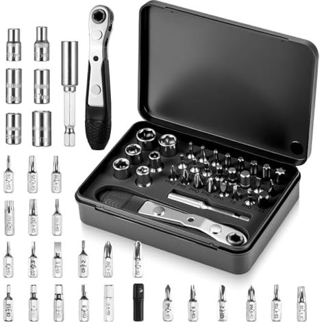 Kit de tournevis à cliquet mini, 32 en 1, tournevis réversible, embouts 1/4" inclinés, clé à cliquet avec Phillips, Hex, Torx (1/5)