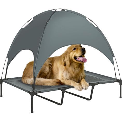 BUNTHAUS PawHut Lit chien sureleve avec parasol, lit de camp chien chat sur pieds tissu Oxford respirant, anti-UV cadre en métal sac de transport inclus couchage extérieur pour chat 122 x 92 x 108 cm 