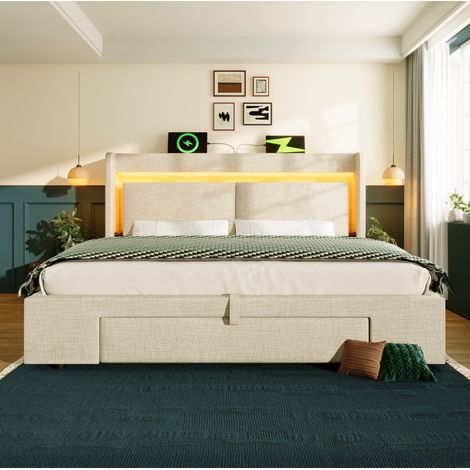 Cama doble con almacenamiento y LED beige HAVRYA (1/5)