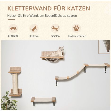 Ensemble mural pour chat 4 pièces avec griffoir, hamac, plateforme de saut, poteau à griffer, escalier et mobilier d'escalade (jusqu'à 5 kg), beige. (1/4)