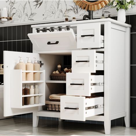 Waschtisch mit Keramikbecken, MDF weiß, freistehend, 76x46x90 cm, mit Tür, Schubladen und Klapplade (1/5)