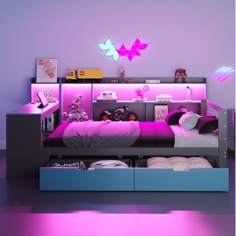 lit adulte bureau rangement 90x200 bois noir bleu OKMYHOME (1/5)