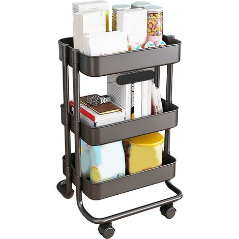 Chariot utilitaire métallique à 3 étages, roulant, organisateur polyvalent avec étagères, noir à roulettes, pour bureau, salle de bain, cuisine, chambre, buanderie. (1/5)