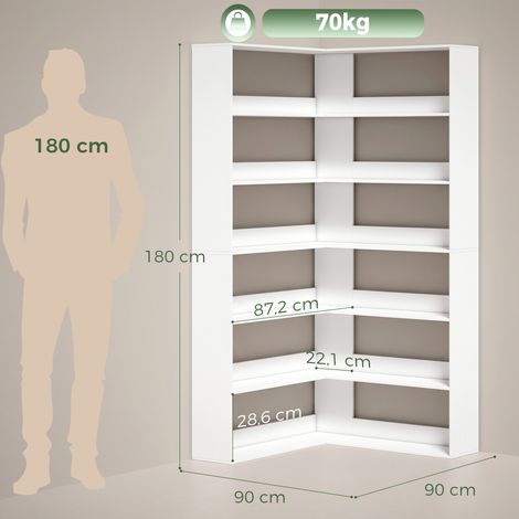 Bücherregal mit 7 Ebenen, L-förmiges Eckrega mit rutschfestem Rückenschutz, Weiß mit Holzoptik (1/5)