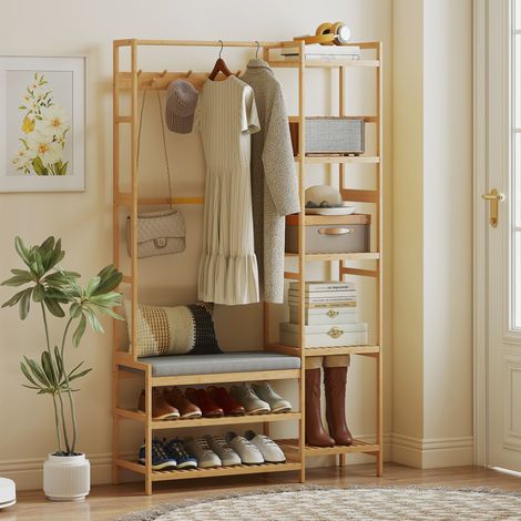 Porte-manteau avec porte-chaussures - banc avec coussins - pour couloir - bois naturel - entrée - porte-manteau - porte-manteaux - Moderne