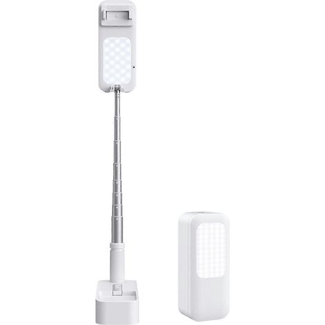 Support de bureau pliable et portable pour smartphone, jusqu'à 130 cm de hauteur, avec support de téléphone rotatif, lumière d'appoint LED et compatible avec une télécommande. (1/5)
