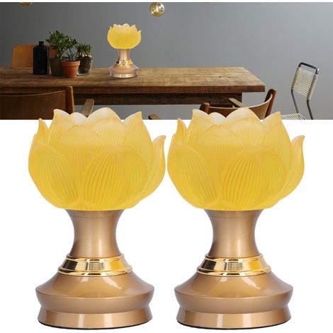 Lot de 2 lampes en verre à lumière jaune, 3 vitesses, LED cristal, lampe lotus domestique, lampe d'offrande bouddhique, lampe divine à brancher, articles bouddhistes, norme européenne 100-240 V (1/5)