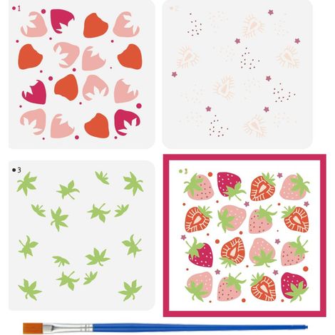 3Pcs Pochoirs Superposés Champ de Fraises Avec Pinceau 15x15cm Modèles de Dessin Fruits en Plastique Fraises Pochoirs Thème Végétal Décoratif pour Décoration de Meubles (1/5)