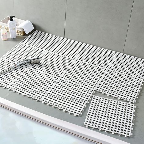 Lot de 10 Dalles de sol de emboîtables, Tapis de bain antidérapant en assembler de forme carrée 3030cm avec trous de drainage (blanc) (1/5)