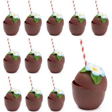 12 verres en noix de coco de 470 ml Verres réutilisables en plastique avec fleurs et pailles Verres à cocktail Tiki pour fêtes hawaïennes (1/5)