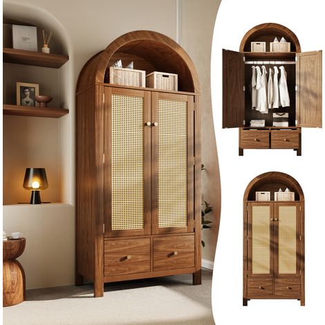 Kleiderschrank 181x78x45 cm mit Rattan-Flechtung, Landhausstil in Walnussoptik, halbrunde offene Ablage, 2 Türen mit Magnetverschluss, 2 Schubladen, Kleiderstange, Kippsicherung (1/5)