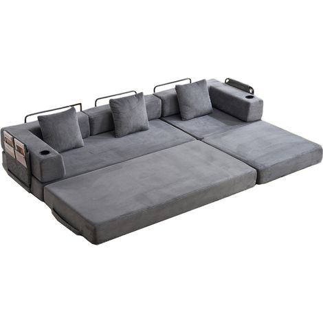 Canapé convertible en velours côtelé gris foncé avec rangement latéral et porte-gobelet (1/5)