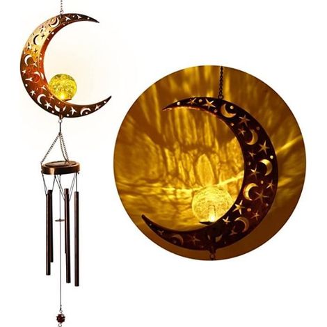 1 lampe carillon à vent, lune en métal et verre craquelé, décoration extérieure jardin et terrasse