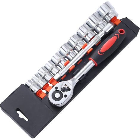 Coffret de 12 douilles métriques 1/4 pouce avec cliquet à dégagement rapide 24 dents, 4 douilles de 13 mm et une rallonge de 4 pouces pour la réparation automobile et le garage (Modèle 420340) (1/4)