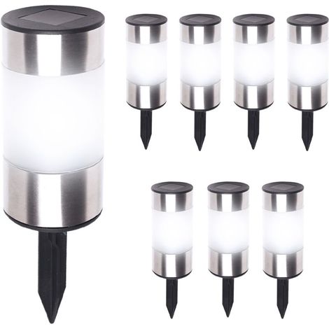 Idmarket – Set di 8 paletti solari in acciaio inossidabile 2 in 1 – Dimensioni 21,5 x 6,3 cm – Sensore crepuscolare – Installazione senza cavi (1/4)