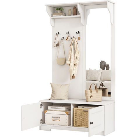 Mobile Ingresso 100x40x180 cm, Porta Abiti con Panca, 5 Ganci e 2 Scomparti, MDF, Bianco, Per Ingresso e Corridoio (1/5)