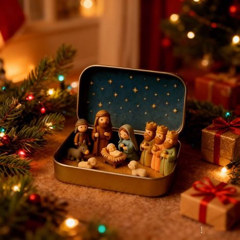 Nativity Set - Tin Box Portable Mini Nativity Scene - Religious Christmas Decor - 1 Set (1/5)