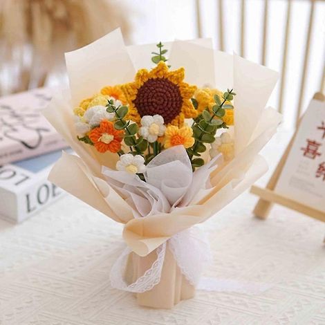 Handgestrickter künstlicher Blumenstrauß mit Geschenkpapier, ideal für Hochzeiten, handgefertigte Blumendekorationen, romantische Geschenke. (1/4)