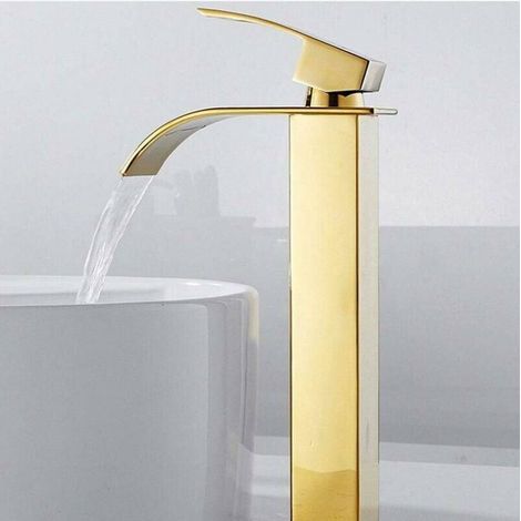 Rubinetto per bagno con beccuccio a cascata alto per lavabi, miscelatore moderno quadrato cromato acqua calda/acqua fredda monoforo (oro) (1/5)