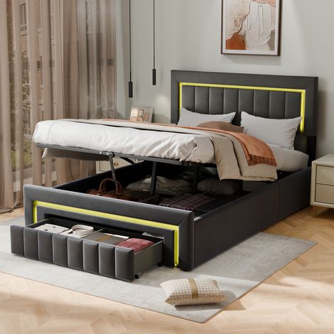 REDOM Letto matrimoniale 140x190 cm con illuminazione LED, letto con cassetti e ruote, struttura letto con ampio spazio di archiviazione, grigio (senza materasso)