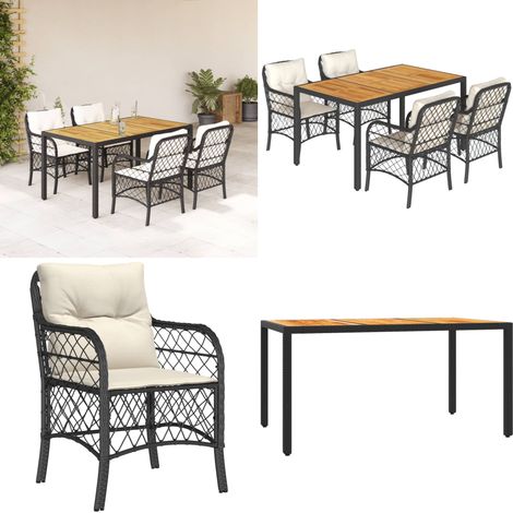 5-tlg. Garten-Essgruppe mit Kissen Schwarz Poly Rattan - Gartenessgruppe - Sitzkissen