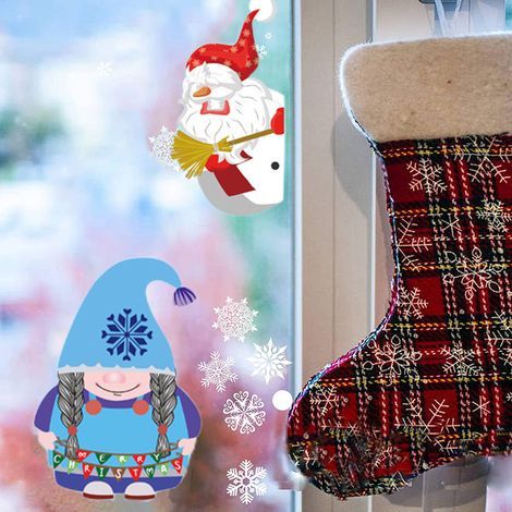 Autocollants muraux statiques pour vitres représentant des gnomes de Noël, le Père Noël, des rennes, des flocons de neige et des bonhommes de neige. (1/5)