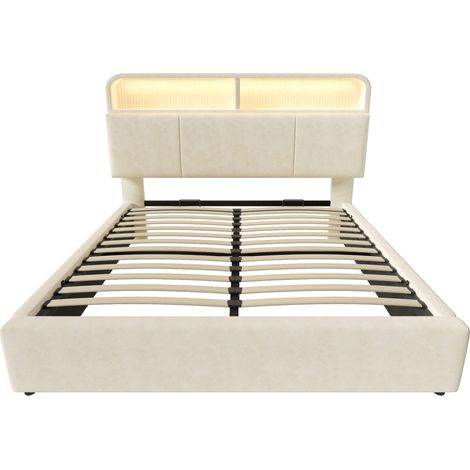 Letto contenitore 140x200 cm in velluto beige con testiera regolabile, LED e USB-C (1/5)