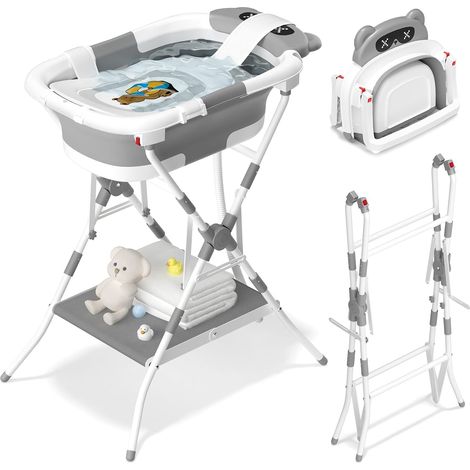 3-en-1 Baignoire Bébé sur Pied, Baignoire Pliable Bébé sur Pied avec Filet de Soutien, pour nouveau-né à tout-petit, design ours, pliable pour voyages et extérieur, grise (1/5)